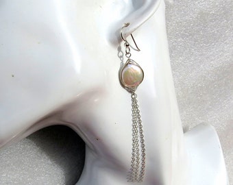 Natural Coin Pearl & Sterling Silver Woven Pod Earrings with Drop Chain Dangle| handmade, all natural| OOAK| hypo allergenic, nickel free