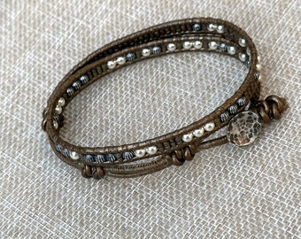 Bronze Leather Wrap Bracelet: Sterling Silver Beads, Rustic Industrial Cuff