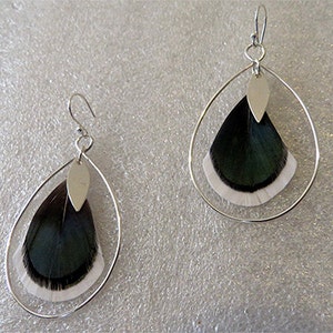 Sterling Silver Tear Drop earrings with iridescent green white feathers & sterling silver leaf pendant dangle, handmade, nickel free image 2