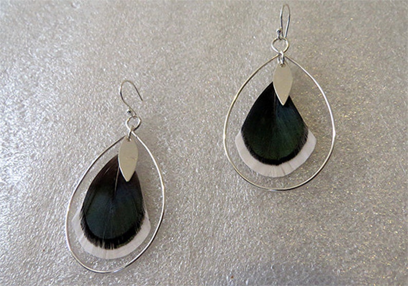 Sterling Silver Tear Drop earrings with iridescent green white feathers & sterling silver leaf pendant dangle, handmade, nickel free image 2