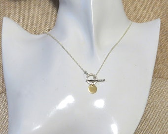 925 Silver toggle & Yellow Gold Disc Charm Necklace . Toggle necklace. Sterling toggle necklace. Silver toggle pendant. Toggle and bar clasp