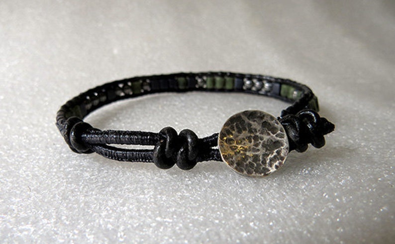 Black leather single wrap cuff bracelet Unisex Urban Sterling Silver Antiqued beads Jade tube beads Miyuki beads handmade unique image 2
