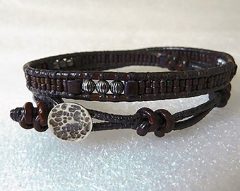 Urban ANKLET, Unisex, Rustic Industrial, distressed brown leather 2x wrap cuff, w Sterling Silver, cube beads, personalized, made-to-order