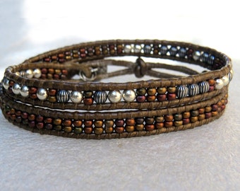 Unisex, Urban, Industrial, metallic bronze leather 2x wrap cuff bracelet, w Sterling Silver, Antiqued beads, personalized, hand-made