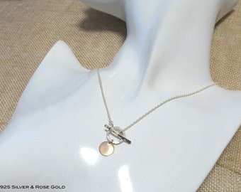 925 Silver toggle & Rose Gold Disc Charm Necklace . Toggle necklace. Sterling toggle necklace. Silver toggle pendant. Toggle and bar clasp