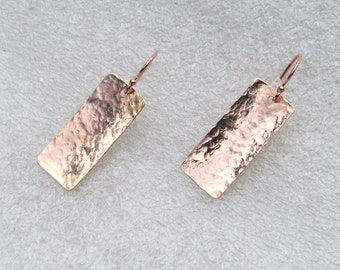 14K Rose Gold Fill Dangle Earrings: Hand Hammered Geometric Drops, Minimalistic
