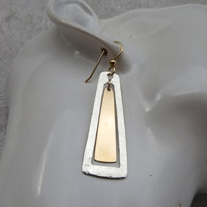 Hand crafted shiny 14/20K gold drop & 925 Sterling Silver rectangular dangle textured earrings. Gold Silver combo earrings. Geometric