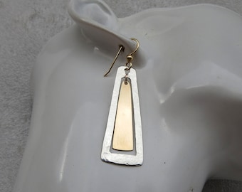 Hand crafted shiny 14/20K gold drop & 925 Sterling Silver rectangular dangle textured earrings. Gold silver combo earrings. Geometric