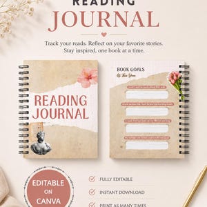 Pode incluir: Um diário de leitura em espiral com capa bege contendo o texto READING JOURNAL, uma flor rosa e uma ilustração de busto clássico. A página interna mostra uma seção BOOK GOALS com quatro linhas em branco e um pequeno gráfico de tulipa.