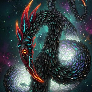 Può includere: Un'illustrazione digitale di una creatura serpentina con scaglie scure a forma di foglia e un occhio arancione brillante. La creatura presenta vivaci segni bioluminescenti rossi e blu sulla testa e sul corpo, su uno sfondo di nebulosa spaziale.