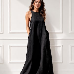 black loose fit dress Black Linen Dress With Open Back, Loose Linen Dress With Pockets, Little Black Dress, Oversized Naked Back Linen Dress, Backless Linen Dress