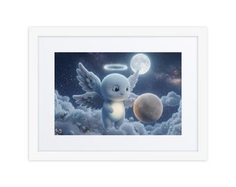 Angel Nursery Wall Art, Framed Celestial Baby Print, Ready to Hang Moon and Stars Decor — "Glow" | Luxi Wonder