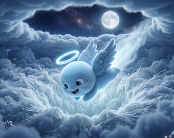 Printable Nursery Wall Art, Celestial Angel Print, Cloud and Moon Baby Decor — Digital Download | Luxi Wonder