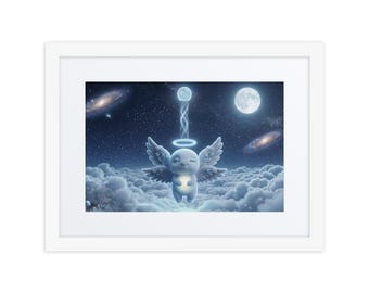 Gender Neutral Nursery Decor, Framed Celestial Angel Print, Moonlit Baby Wall Art — "Quiet" | Luxi Wonder