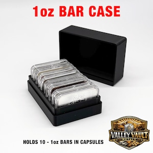 May include: A black rectangular storage case designed to hold 10 individual 1oz bars in clear protective capsules. The text 1oz BAR CASE appears at the top, and the text HOLDS 10 - 1oz BARS IN CAPSULES is printed at the bottom of the image.