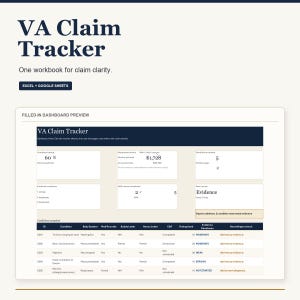May include: A digital dashboard titled "VA Claim Tracker" with the text "One workbook for claim clarity." The dashboard preview shows a 60% combined rating, monthly estimates, and evidence readiness. The dashboard includes a table with conditions and ratings.