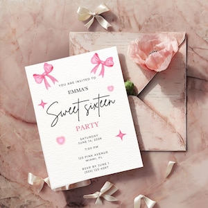 Peut inclure: Une carte d'invitation blanche pour une fête de Sweet Sixteen avec des nœuds, des cœurs et des étoiles aquarelle roses. Le texte indique : EMMA'S Sweet sixteen PARTY, SATURDAY JUNE 14, 2026, 7:00 PM, 123 PINK AVENUE MIAMI, FL, RSVP BY JUNE 1 (555) 123-4567.