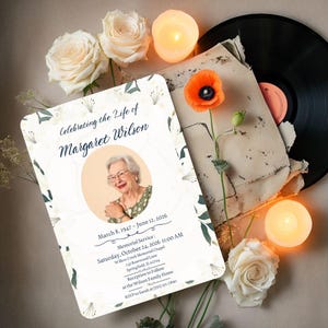 Celebration of Life Template, Editable Memorial Invitation, Funeral Program Canva Template, Floral Funeral Invitation