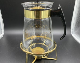 Pyrex Snowflake Pattern Coffee Pot and Brass Warmer Stand Gold and Black Etched