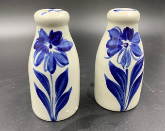 Pottery Salt and Pepper Handpainted Blue Floral Vintage