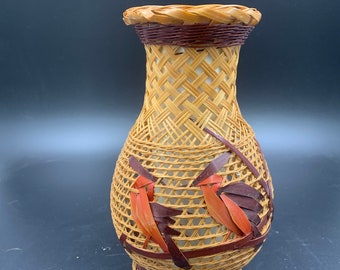 Ceramic Vase in Woven Rattan Wicker Dyed Bamboo Birds Vintage Peoples Republic China