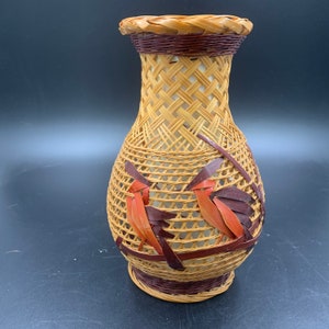 Ceramic Vase in Woven Rattan Wicker Dyed Bamboo Birds Vintage Peoples Republic China FREE SHIPPING
