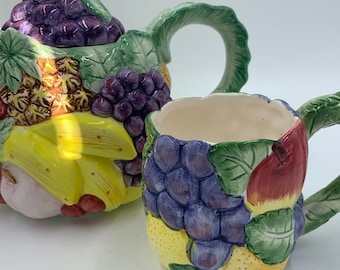 Fitz & Floyd Calypso Teapot and Mug Tropical Fruit Majolica Style Vintage 1988 FREE SHIPPING