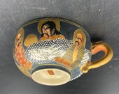 Satsuma Ware Meiji Period Pottery Tea Cups Set of 3 Immortals Geisha Antique Moriage Enameled Gilt MINT