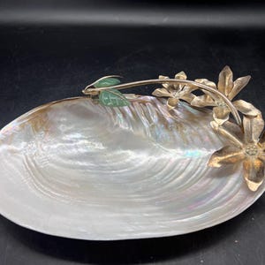 Large 9” Sea Shell Trinket Jewelry Dish Green Stones Metal Flower Embellished FREE SHIPPING