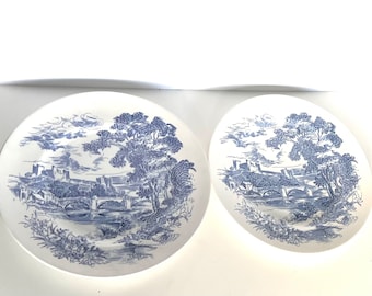 Enoch Wedgwood 10” Dinner Plates Tunstall Countryside Scene Pattern Hand Engraved Blue White Set of 2