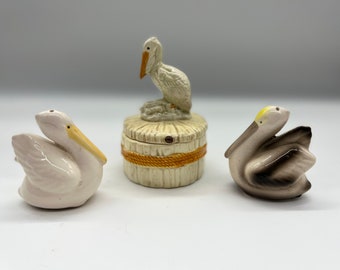 Pelican 3 Piece Ensemble Bundle with Salt and Pepper Shakers and a Lidded Bowl Vintage Beachy Seashore Sea Birds