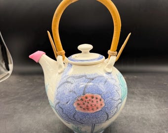 Dobin Style Studio Pottery Bulbous Teapot 11.5”  Signed Pink Blue Poppies