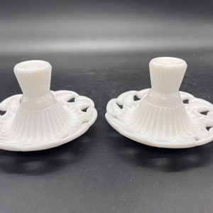 Fostoria Milk Glass Candlestick Holders Candle Holders Collectible Hearts Vintage Valentines Stars Set of 2 image 1