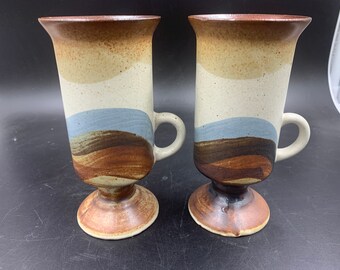 OtagIri Irish Coffee Mugs Blues and Browns Stoneware Set of 2 Vintage