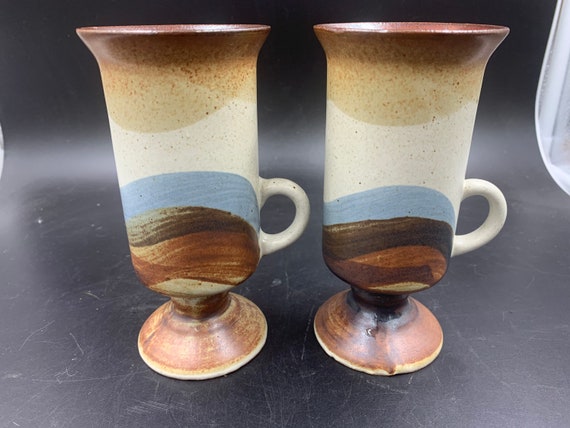 Otagiri Irish Coffee Mugs Blues and Browns Stoneware Set of 2