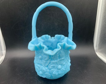 Fenton Blue Poppies Milk Glass Ruffled Art Glass Basket 10.75” Vintage 1960s