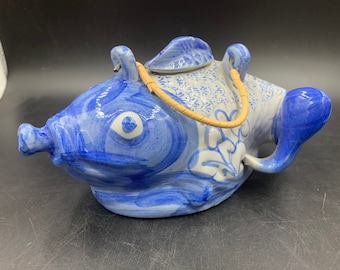 Koi Fish Teapot Blue and White Porcelain Figural Vintage Bamboo Handle Hand Painted