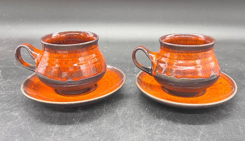 MCM Ditlev Denmark Set of 2 Cup and Saucer Danish Modern Mid Century Pottery Flame Red-Orange Drip Glaze Vintage Stoneware FREE SHIPPING image 2