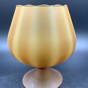 Art Glass Brandy Snifter Frosted Satin Scalloped Edge Amber Brown Swirl Vase Vintage FREE SHIPPING