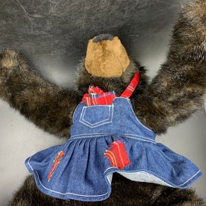 Build A Bear GRIZZLY BEAR Black Brown Plush Stuffed Animal With Outfit Denim Romper and Stand image 5