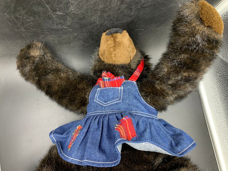 Build A Bear GRIZZLY BEAR Black Brown Plush Stuffed Animal With Outfit Denim Romper and Stand image 5