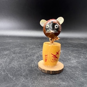 Vintage Japanese Kokeshi Raccoon  Tanuki Wooden Figurine Dog Doll Rice Container FREE SHIPPING