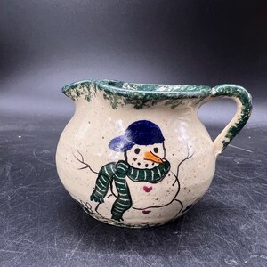 Vintage G. Miller Studio Pottery Snowman Creamer, Green Spongeware