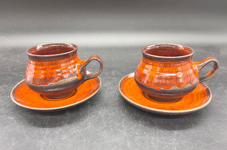 MCM Ditlev Denmark Set of 2 Cup and Saucer Danish Modern Mid Century Pottery Flame Red-Orange Drip Glaze Vintage Stoneware FREE SHIPPING image 1