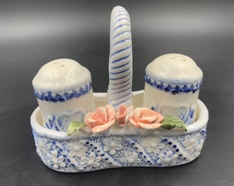 Ceramic Caddy Salt and Pepper Shakers Blue White Applied Pink Roses