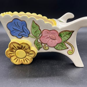 Wheelbarrow Flower Cart Planter Vintage Ceramic Hand Painted Flowers FREE SHIPPING