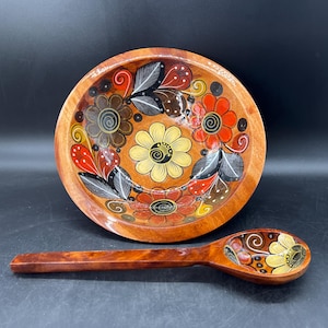 Wooden Batea Bowl with Serving Spoon Glittered Tole Painted Floral 12” Mexico Folk Art Wood Flower FREE SHIPPING