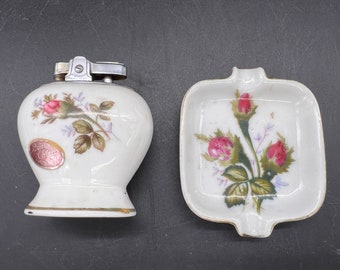 Excello Matching Personal Ashtray and Lighter Moss Rose Hand Painted Moss Bone China JAPAN Vintage FREE SHIPPING