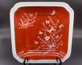 LES PAPILLONS by Shafford Serving Plate Square White Butterflies Leaves Burnt Orange Vintage