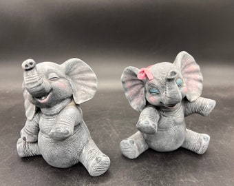 Kitschy Elephant Figurine Pair Vintage Hand Painted Boy and Girl Medium Size Trunks Up Good Luck 6”